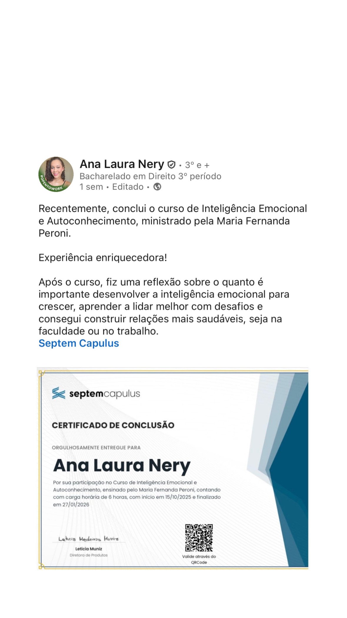 Depoimento real de Ana Laura Nery, Bacharelanda em Direito