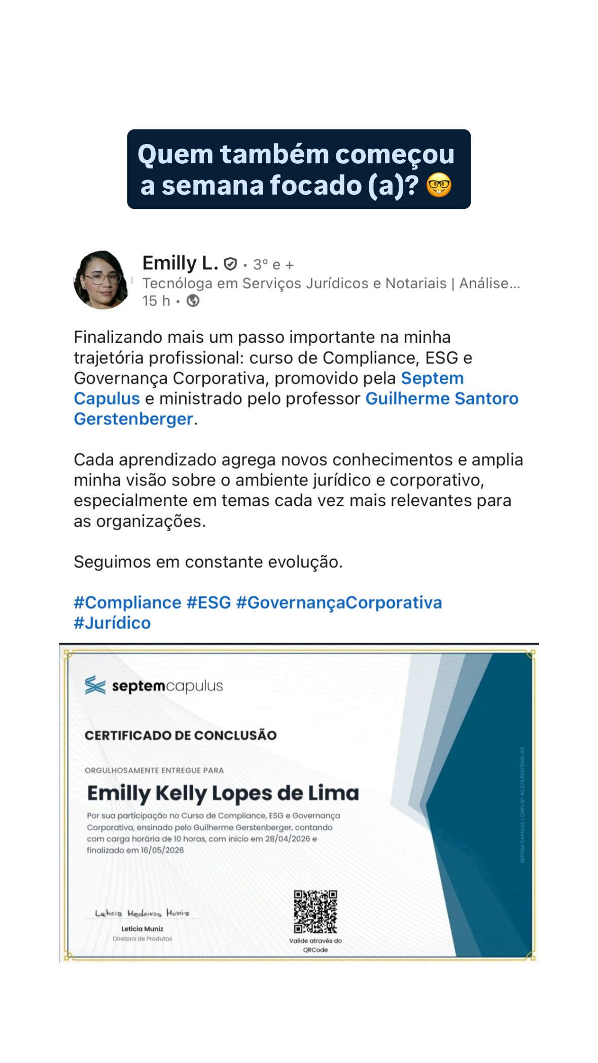 Depoimento real de Emilly Kelly Lopos de Lima sobre o curso de Compliance e ESG